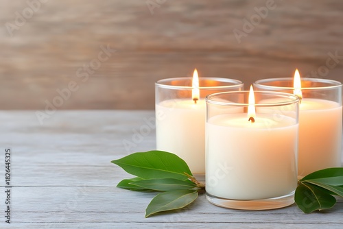 Tranquil Arrangement of Three Burning Candles Surrounded by Green Leaves on Wooden Surface