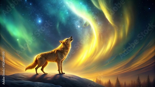 Lone Wolf Howls at Celestial Aurora Borealis Display Under Starry Night Sky
