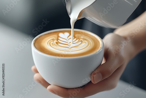 Beautiful Coffee with Milk Art in a White Bowl Held by a Hand on a Soft-Focused Surface