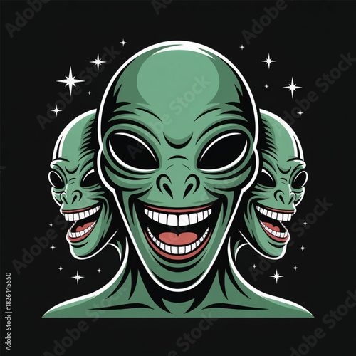 Three Green Aliens with Wide Grins on Black Background