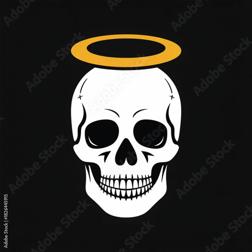 White Skull With Golden Halo On Black Background vector