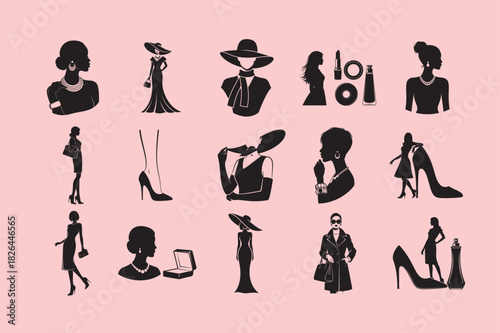  15  Elegant silhouettes of fashionable women and accessories silhouettes vector icons.