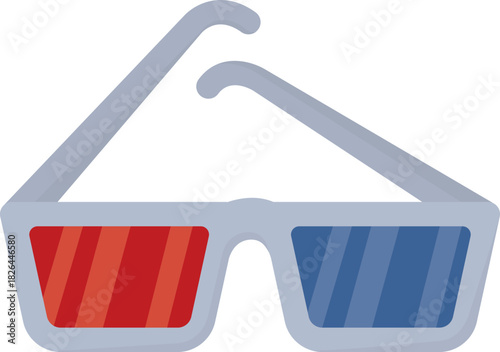 Illustration of 3D movie glasses with red and blue lenses. Cinema accessory isolated on white background