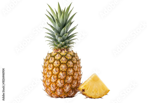 Isolated pineapple fruit with piece on a plain surface, ananas comosus tropical food