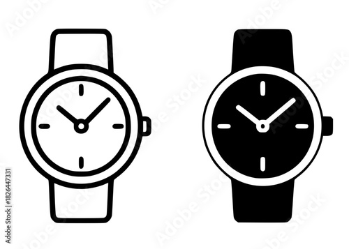 Vector illustration of a watch, black and white, outline and silhouette