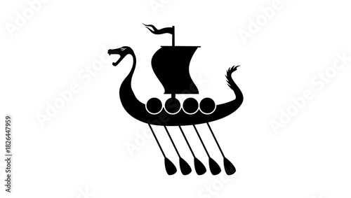 Viking ship with oars, black isolated silhouette