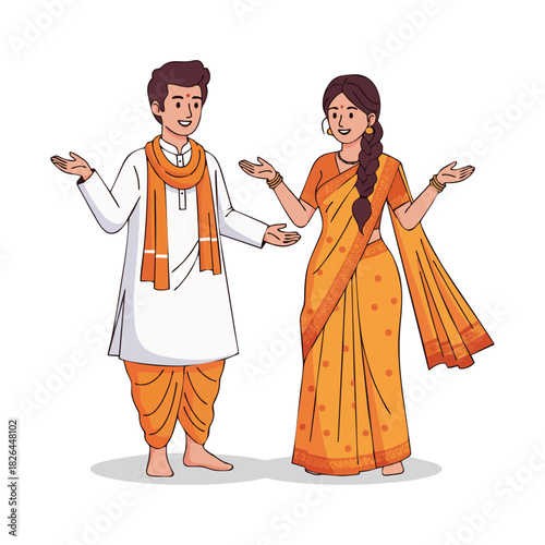 Indian couple traditional clothing culture festival india on white background