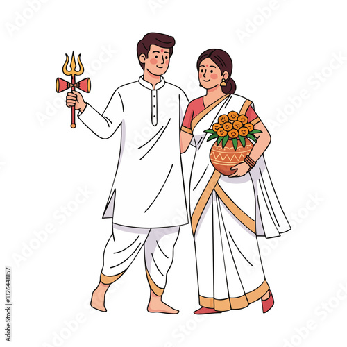 Bengali couple festival celebration culture tradition india on white background