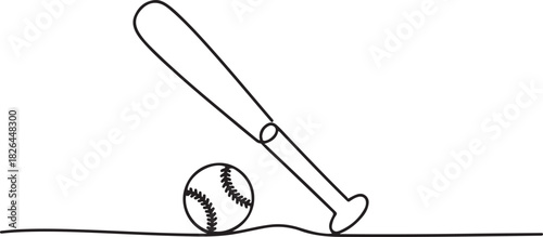 Continuous one line drawing of baseball bat and the ball. Simple Baseball bat line art vector illustration, Baseball bat and baseball ball icon. one line Icon drawing