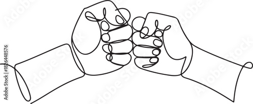Continuous one line drawing of bro fist bump or pound lineart hands. Concept of brother giving a punch, Man and woman`s clenched fists bump. one line Icon drawing