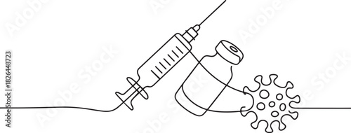 Vaccine. Insulin. Coronavirus. One line drawing. Vector illustration continuous line drawing, Insulin syringe, injection, vaccination, medical supplies. one line Icon drawing