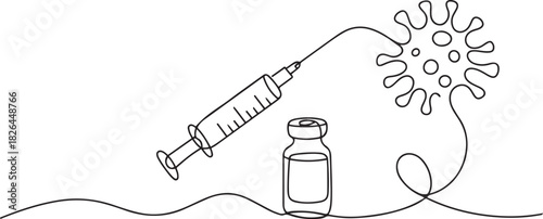 Vaccine. Insulin. Coronavirus. One line drawing. Vector illustration continuous line drawing, Insulin syringe, injection, vaccination, medical supplies. one line Icon drawing
