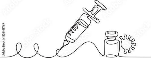 Vaccine. Insulin. Coronavirus. One line drawing. Vector illustration continuous line drawing, Insulin syringe, injection, vaccination, medical supplies. one line Icon drawing