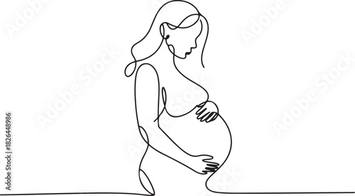 Continuous line drawing of a pregnant woman. One line drawing of a pregnant woman. Pregnant belly. Minimalist contour illustration of a happy mother. one line Icon drawing
