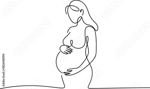 Continuous line drawing of a pregnant woman. One line drawing of a pregnant woman. Pregnant belly. Minimalist contour illustration of a happy mother. one line Icon drawing
