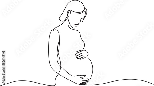 Continuous line drawing of a pregnant woman. One line drawing of a pregnant woman. Pregnant belly. Minimalist contour illustration of a happy mother. one line Icon drawing