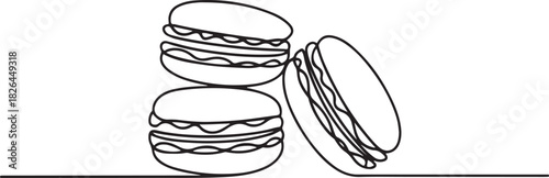 Macaroon one line drawing vector, Continuous one line drawing of colorful French macaroons isolated. Hand drawn macarons minimal design art. one line Icon drawing