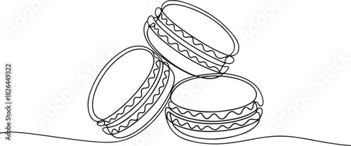 Macaroon one line drawing vector, Continuous one line drawing of colorful French macaroons isolated. Hand drawn macarons minimal design art. one line Icon drawing