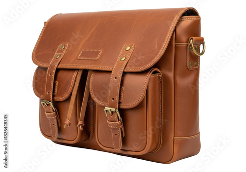 Fotografi Isolated vintage light brown leather shoulder bag, satchel bag, messenger bag, n