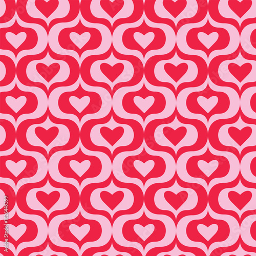 Red and pink hearts on vintage ogee seamless pattern. For valentine’s day print, wrapping paper, greeting cards and fabric