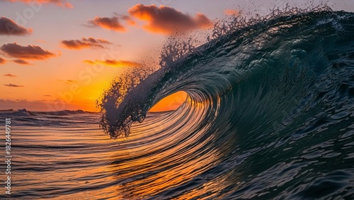 Fototapeta Naklejka Na Ścianę i Meble -  Powerful ocean wave curls dramatically during a vibrant sunset creating a peaceful nature scene