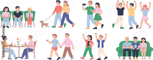 Social activity illustration set, people interacting in daily life, cartoon style vector, friendship moments, leisure scenes, communication, lifestyle design