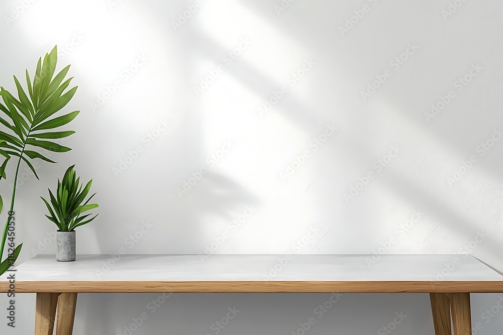 Obraz premium Modern Minimalist Workspace with Green Plants and Bright Natural Light in a Clean Setting
