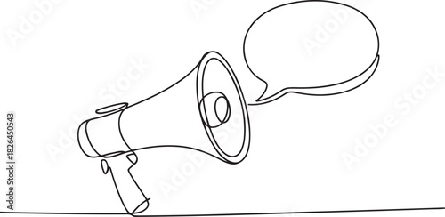 Continuous single line sketch drawing of megaphone speaker with bubble chat. One line art of sound tool equipment vector illustration. one line Icon drawing