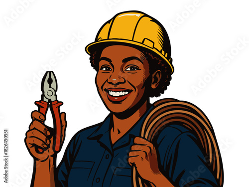 cheerful female electrician with pliers and cable, ideal for trade, industry, and career visuals. Generative ai vector colorful pop art illustration.
