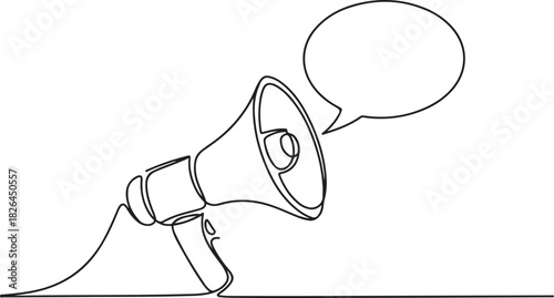 Continuous single line sketch drawing of megaphone speaker with bubble chat. One line art of sound tool equipment vector illustration. one line Icon drawing
