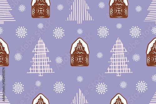 Christmas background with gingerbread house, cnowflakes and geometric trees. Holiday winter vector seamless pattern. Design for wrapping paper and fabric textile.