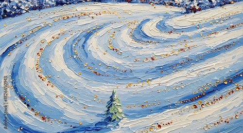 Winter Impressionistic Landscape with Snowy Fields and Solitary Evergreen Tree