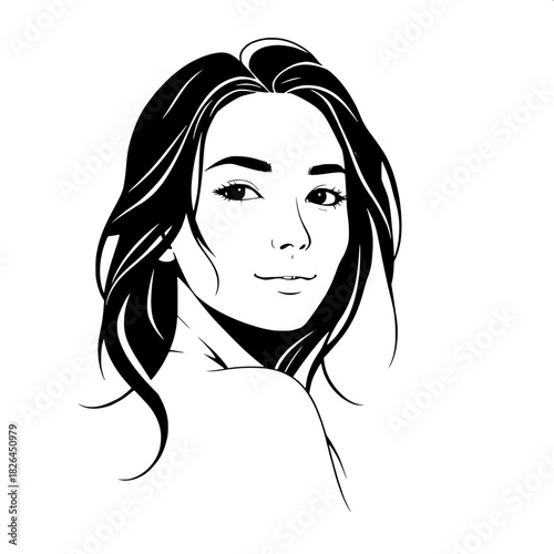“A high-contrast graphic depiction of a woman in three-quarter orientation, her gentle expression highlighted by soft lighting. Her hair flows in stylized strands, and a minimal gray gradient forms th