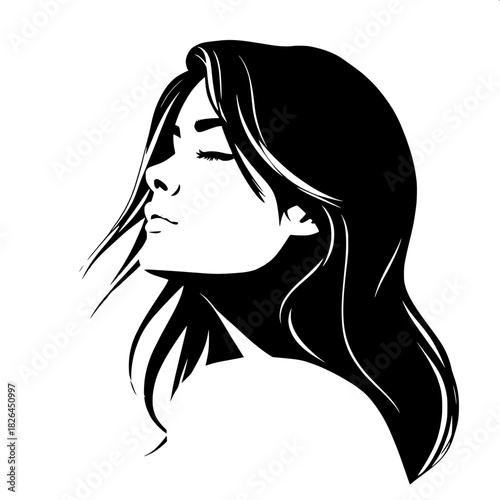 “A high-contrast graphic depiction of a woman in three-quarter orientation, her gentle expression highlighted by soft lighting. Her hair flows in stylized strands, and a minimal gray gradient forms th