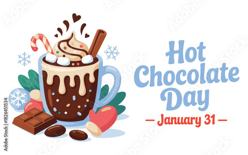 Hot Chocolate Day Banner with Cocoa Mug Whipped Cream and Candy Cane