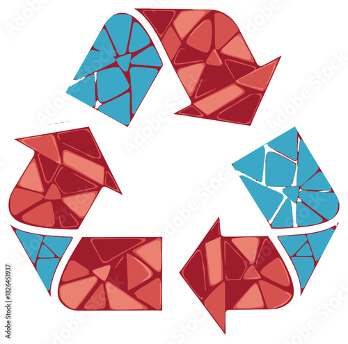 Abstract Mosaic Recycle Symbol in Red and Blue Fragments on a Clean White Background