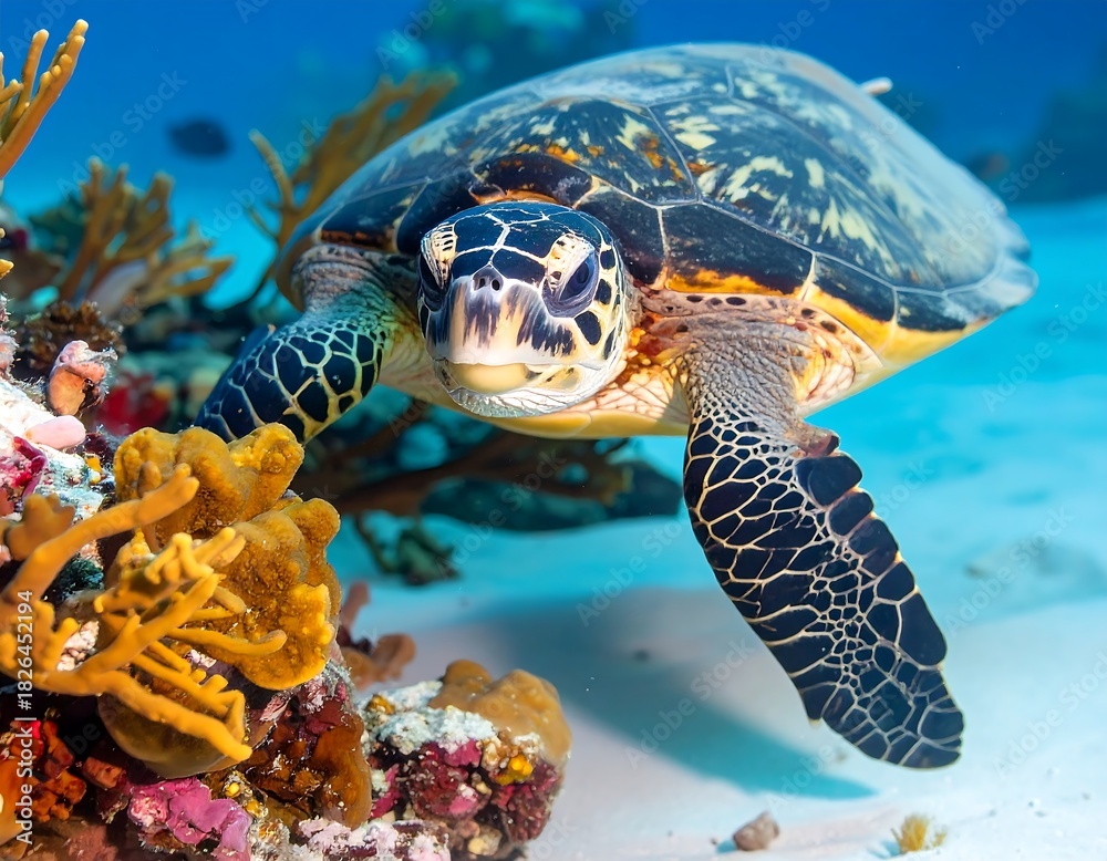 Obraz premium Sea turtle close-up in coral reef