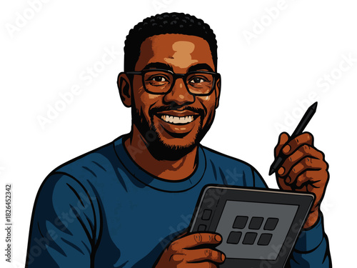 man using a digital pen and tablet, representing creativity, technology, and modern graphic design work. Generative ai vector colorful pop art illustration.