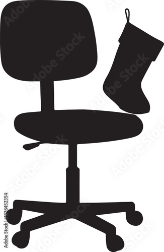 Monochromatic outline of an ergonomic desk chair with a festive stocking