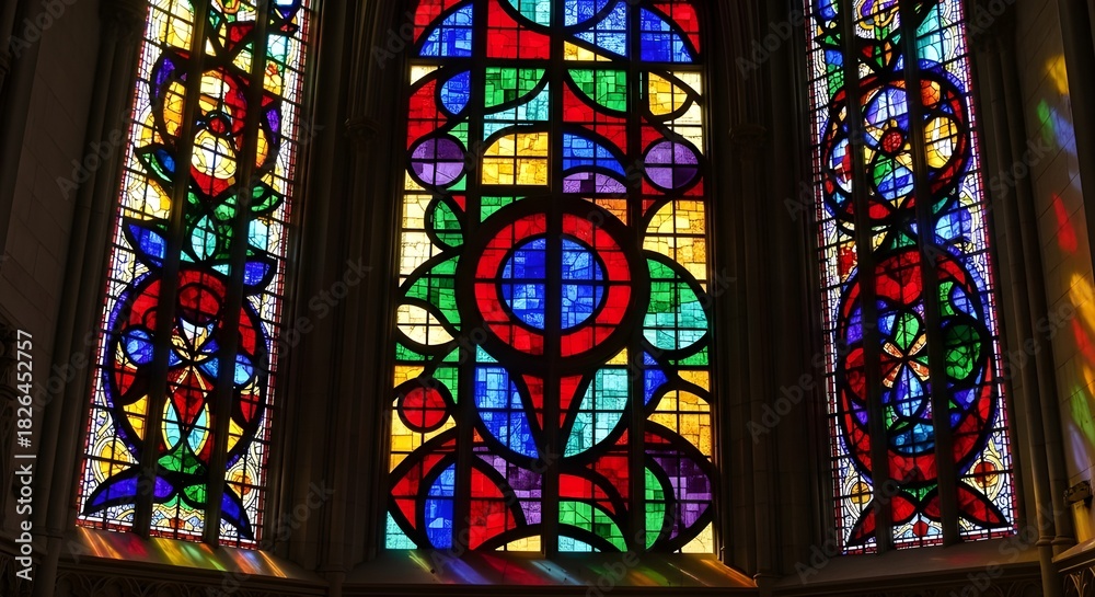 Fototapeta premium Large-Scale Geometric Stained Glass Pattern Jewel-Toned Colors