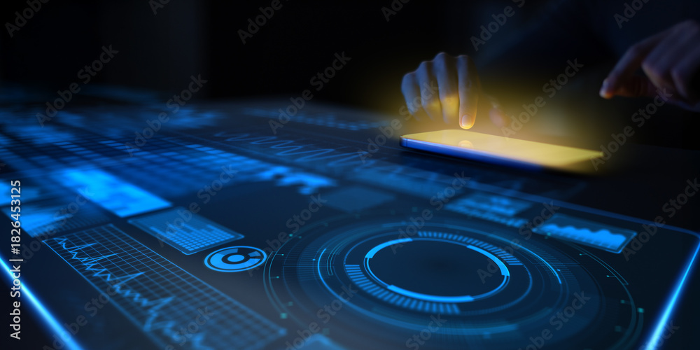 Obraz premium Futuristic Touchscreen Interface with Digital Data Visualization and Analytics Dashboard.