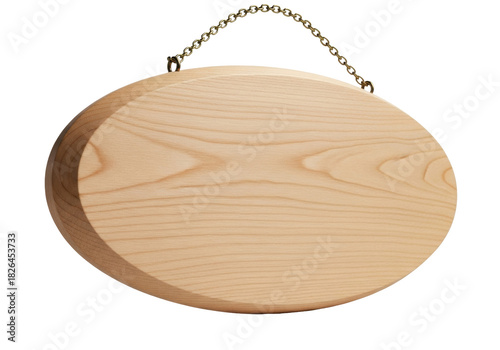 Isolated Wooden Oval Signboard Hanging by Chain, Blank Plaque for Advertising, Promotion