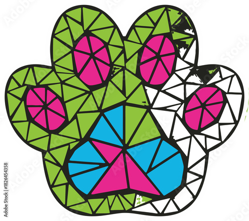Colorful Mosaic Paw Print Illustration with Geometric Shapes and Distressed Edges