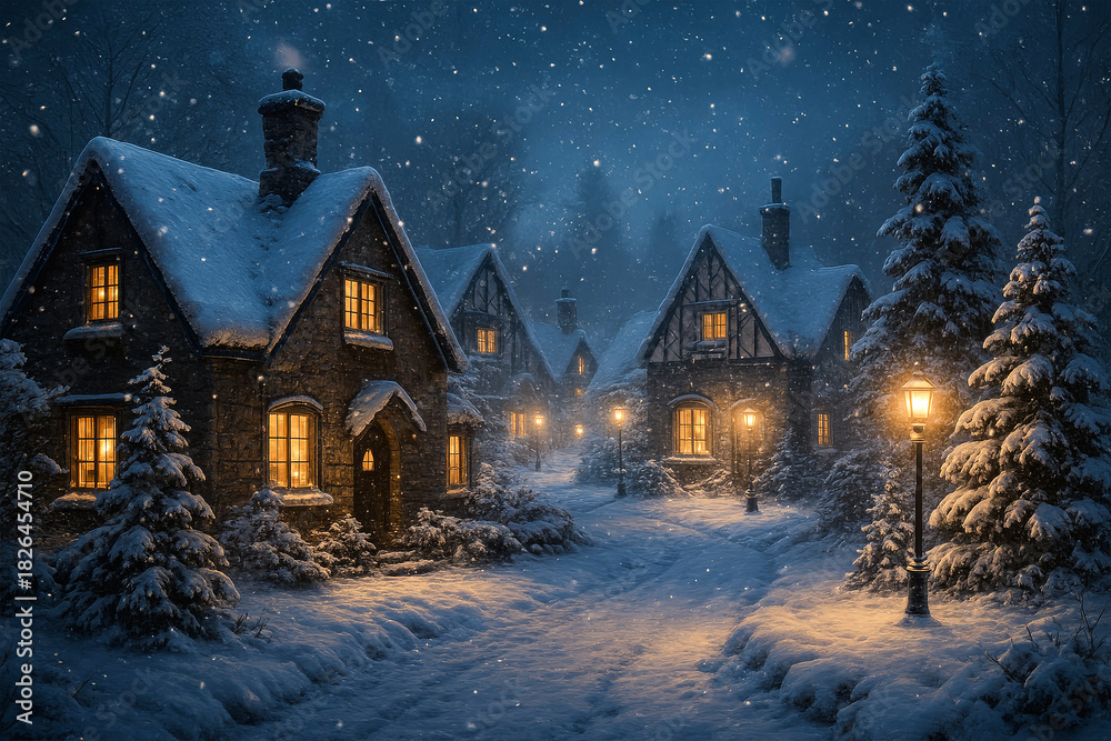 Naklejka premium Snowy Christmas Village at Night Background