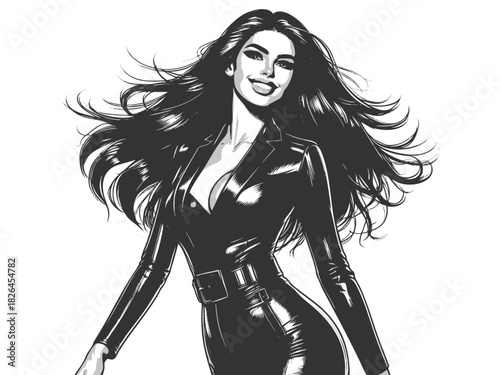 woman with wavy hair and zipped leather outfit sketch engraving generative ai fictional character vector illustration. Scratch board imitation. Black and white image.