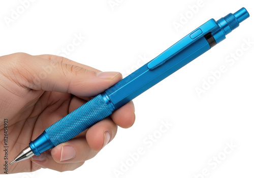 Isolated mechanical pencil with grip held in hand, drafting tool, stationery object for writing, tool