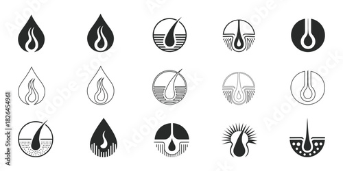 Hair care icons showcase innovative treatments for beauty and wellness. Ideal for cosmetic brands, these symbols promote healthy hair and scalp solutions.