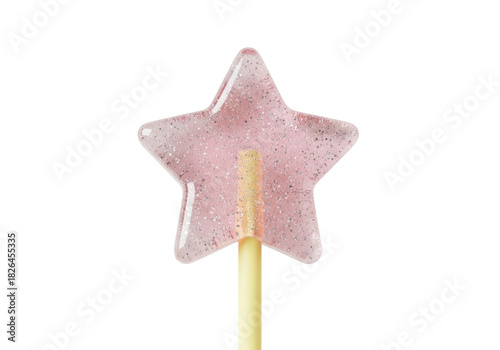 Isolated sparkly pink star lollipop, a sweet treat on a stick, perfect for a candy buffet