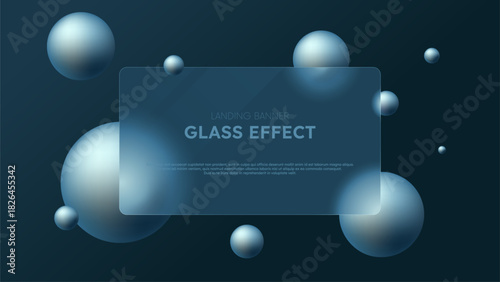 Square transparent glass frame with a blurred effect on a background with abstract volumetric silver spheres, Vector render of cloudy glass morphism website landing page template