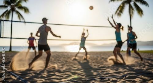 Beach Volleyball Match Blur – Out-of-focus scene of athletes on sandy court